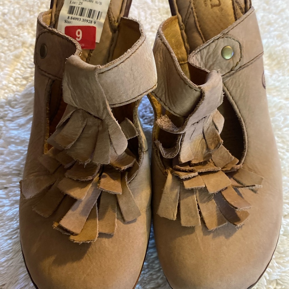 Born Taupe Leather Fringed Slip-On Mules - Picture 2 of 4